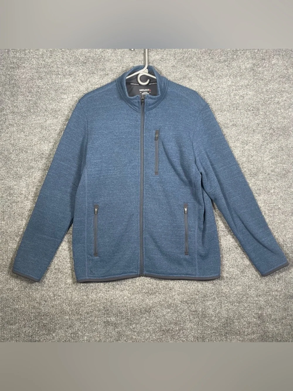 Untuckit Men’s Large Blue Kezoh Full Zip Fleece Sweater Knit‎ Jacket Preppy Cozy